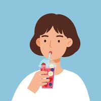 Woman enjoying a colorful drink in a flat and minimal style art vector