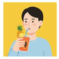 Person enjoying a refreshing fruit drink with pineapple slice in flat art vector