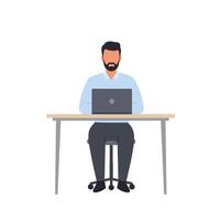 Man working at a desk with a laptop in flat art style vector
