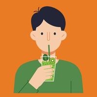 Person enjoying a refreshing green smoothie in flat art style vector