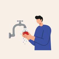 Person washing red apple under faucet in flat art vector