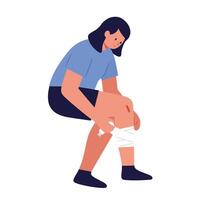 Woman applying bandage to knee injury in flat art style illustration vector