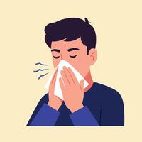 Man sneezing with tissue in hand, flat design style illustration vector