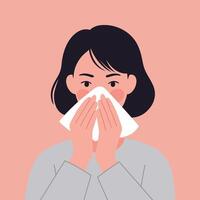 Woman sneezing with tissue in flat minimal illustration vector