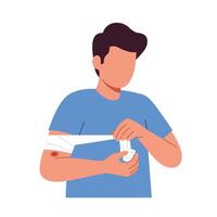 Person applying a bandage to an injury in flat art vector
