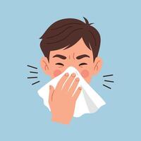 Young man sneezing into tissue in flat cartoon style art vector