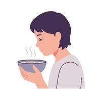 Young person enjoying warm soup in minimal flat art style illustration vector