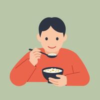 Boy enjoying a bowl of cereal in flat art illustration vector