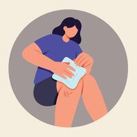 Woman applying cold pack to her knee in flat art style vector