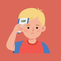 Child checking temperature with thermometer in flat art style vector