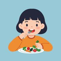 Child enjoying a healthy meal with vibrant vegetables and fruits in flat art vector