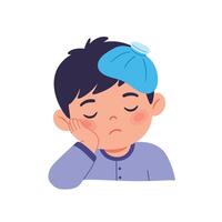 Sick child resting with a cold compress in flat illustration vector