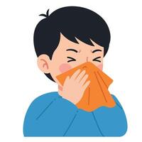 Boy sneezing into tissue with minimalist flat design art vector