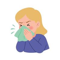 Woman sneezing while holding a tissue in flat art style vector