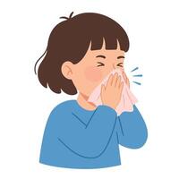 Child sneezing with tissue in hand, flat design art vector