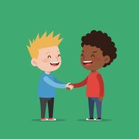 Two children shaking hands in a cheerful setting with flat design art vector