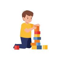 Young boy stacking colorful blocks in minimal flat design illustration vector