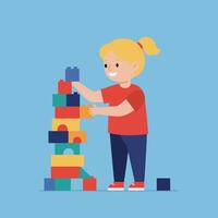 Child building colorful tower with blocks in flat design art vector