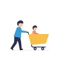 Parent pushing child in shopping cart, minimal design style, illustration vector