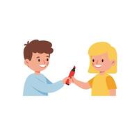 Children exchanging a red marker in flat and colorful art vector
