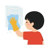 Child cleaning a window with a cloth in flat art style vector