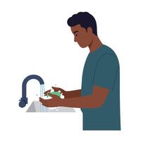 Person washing hands with soap at a sink in flat art vector
