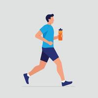 Active man jogging with water bottle in flat style art vector