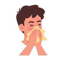 Young man sneezing with tissue in hand, flat art style, cheerful expression, illustration vector
