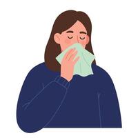 Woman sneezing with tissue in hand, flat design, colorful art vector