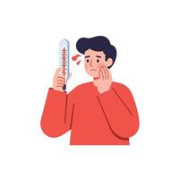 A Concerned man checking temperature with thermometer in flat illustration vector