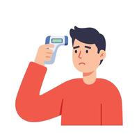 Concerned man checking temperature with a thermometer in flat illustration vector