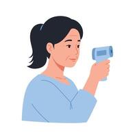 Woman using a thermometer in a flat and minimal illustration vector