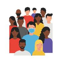 Group of diverse people wearing masks in flat illustration style for health awareness art vector