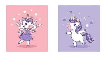 Cute unicorn character transformation in flat art with playful bunnies and vibrant colors vector