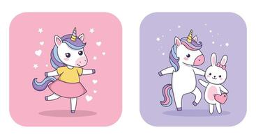 Cute unicorn character dancing in flat design style art with a playful bunny illustration vector