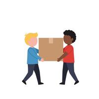 Two characters sharing a large cardboard box in flat art style vector