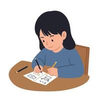 Girl drawing illustrations on paper with pencils in flat art vector