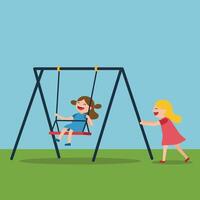 Two children playing on a swing set in a flat design illustration vector