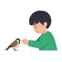 Child feeding a bird in a minimal and colorful illustration vector