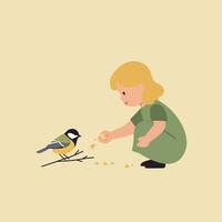 Child feeding a bird in a flat and colorful style illustration vector