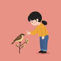 Child interacting playfully with a bird in flat art style vector