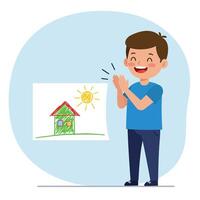 Happy child applauding in front of a colorful drawing in flat art vector