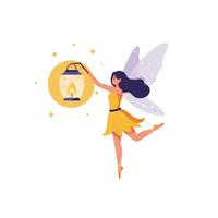 Fairy holding lantern with sparkling stars in flat art style art vector