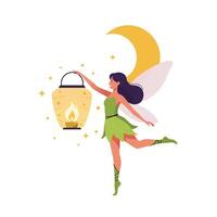 Enchanting fairy holding glowing lantern under crescent moon in flat art vector