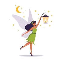 Fairy holding a lantern in a whimsical pose with flat design art vector