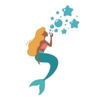 Mermaid blowing bubbles with stars in a flat design illustration vector