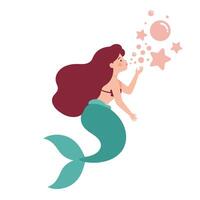 Mermaid blowing bubbles with stars in flat and colorful art vector