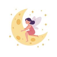 Fairy sitting on crescent moon in flat, colorful design art vector
