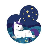 Cute unicorn resting under stars in flat art style vector