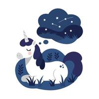 A whimsical unicorn dreaming of stars in a flat illustration vector